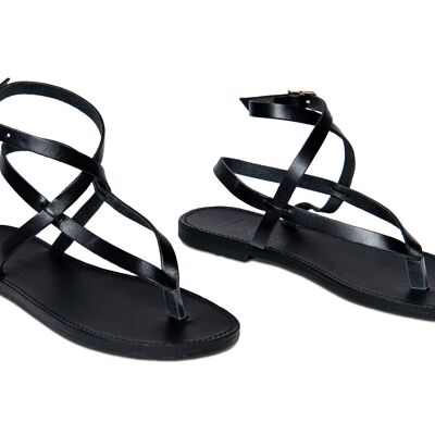 Women's Leather Flat Sandals With Ankle Strap, Color Black, Nostos