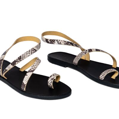 Women's Leather Flat Sandals With Ankle Strap, Python Effect Color, Kefi