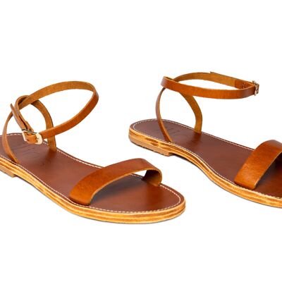 Women's Leather Flat Sandals With Ankle Strap, Camel Color, Irida