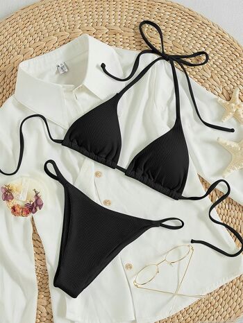 Soutien-gorge rembourré noué de couleur unie et maillot de bain deux pièces bikini 3