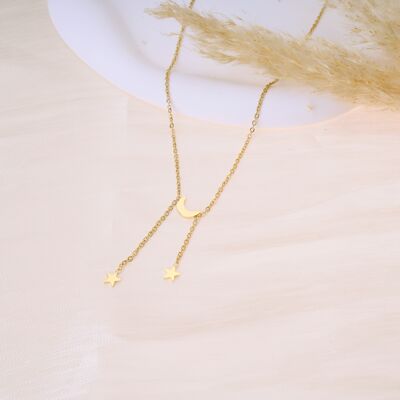 Golden Y moon and star necklace