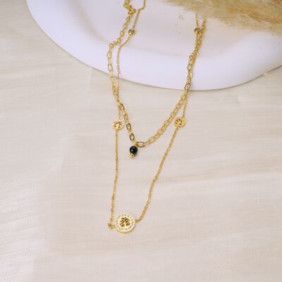 Golden tree of life necklace with double black pearl chain