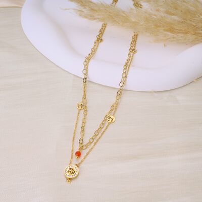 Golden tree of life necklace with double red bead chain