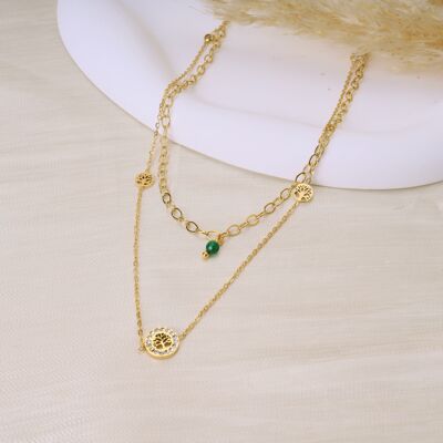 Golden tree of life double chain necklace with green pearl
