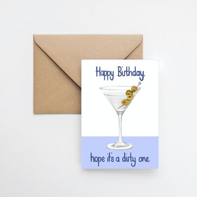Tarjeta de felicitación A6 de cumpleaños de martini sucio con embalaje totalmente reciclable