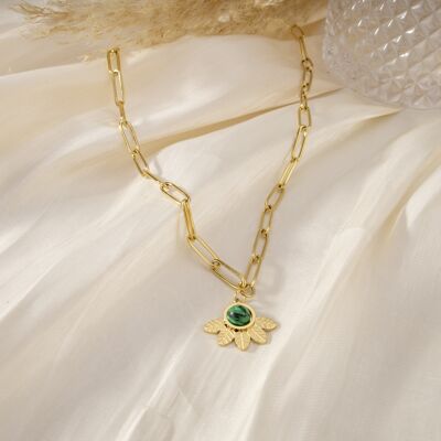 Golden necklace with flower pendant and green stone
