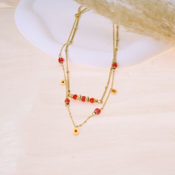 Collier double rang perles rouges 2