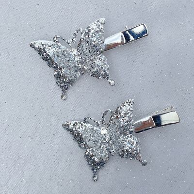 Butterfly Hair Clips Silver Festival Hair Accessories Glitter Hair Grips Set of 2