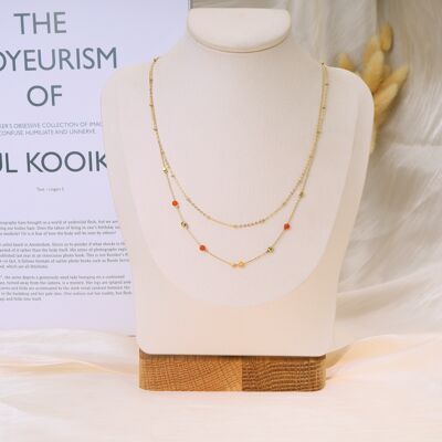 Zweireihige Halskette mit orangefarbenen Mini-Perlen