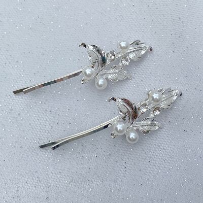 Silberne Perlen-Haarspangen, Hochzeits-Haarspangen, 2er-Set