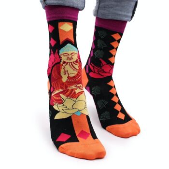 BamS-22F - Chaussettes en bambou Hop Hare - Purple Buddha & Lotus S/M - Vendues en 3x unité/s par extérieur 1