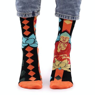 BamS-23F - Chaussettes en bambou Hop Hare - Blue Buddha & Lotus S/M - Vendues en 3x unité/s par extérieur