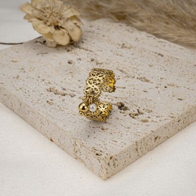 Golden adjustable ring with white pearls