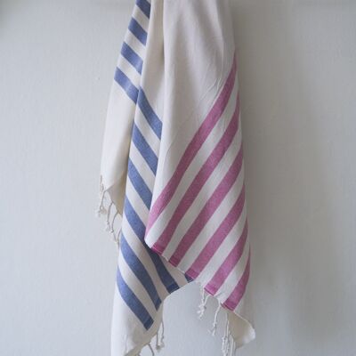 100% Cotton beach and bath towel-beige with blue and pink striped