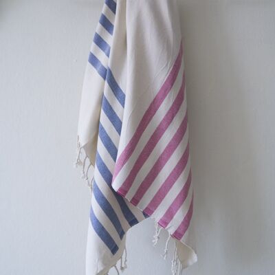 Toalla de playa y baño 100% Algodón-beige con rayas azules y rosas