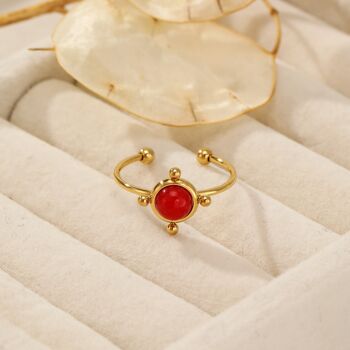 Bague doré en acier inoydable ajustable perle rouge 3