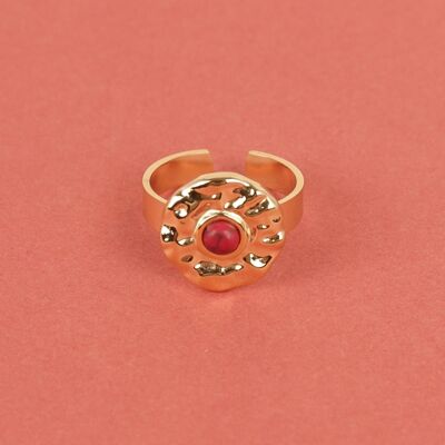Adjustable golden ring with red pearl