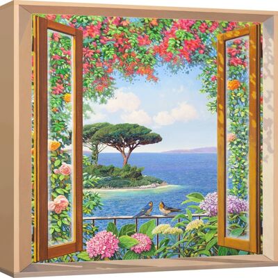 Quadro Trompe-l'oeil su tela: Andrea Del Missier, Finestra con vista sulla costa mediterranea