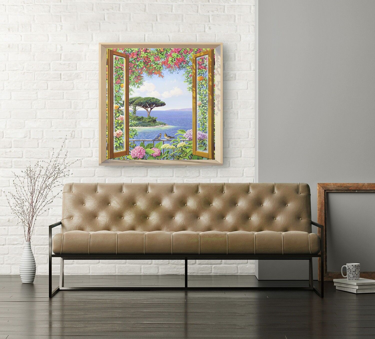 Trompe-l'oeil sobre lienzo: Andrea Del Missier, Ventana con vistas a la costa mediterránea