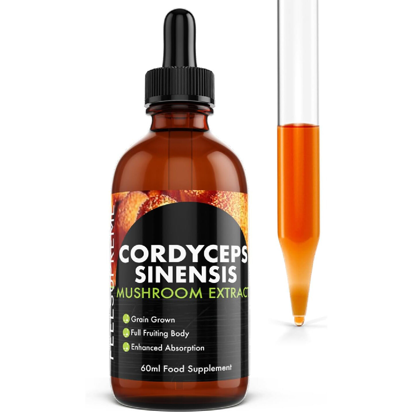 Feel Supreme Cordyceps Sinensis Liquid Supplement | Natural Vitality, Endurance & Immune Support | Dual Extracted, Full Fruiting Body | 100% Natural, Vegan Friendly | 60ml
