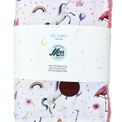 Couverture enfant flamant rose et licorne - 100 x 150 cm - coton biologique (GOTS) et polyester recyclé