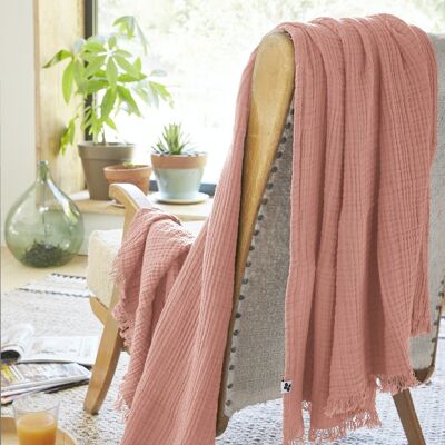 Fringed blanket 180 x 220 cm GAÏA Peach pink