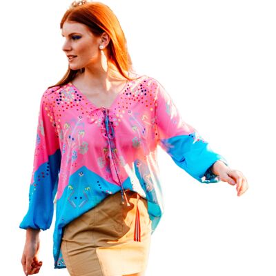 Top rosa fuerte, blusa hippie, top boho, top estampado diseñado a mano, moda de los 70