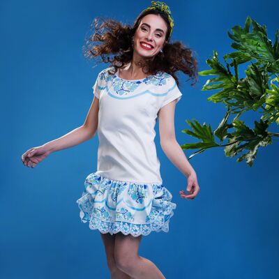 Sommer-Minikleid, weißes Kleid, Rüschen und Spitzenkleid, Lolita-Kleid, kokettes Sommerkleid, weißes Partykleid