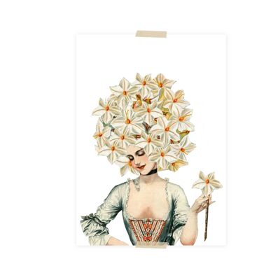 Postal collage dama del siglo XVII con cabeza de flor