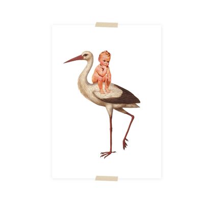 Postal collage bebé con cigüeña