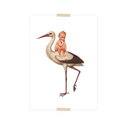 Carte postale collage bébé avec cigogne
