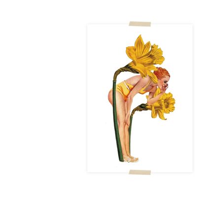 Postcard collage lady among the daffodils