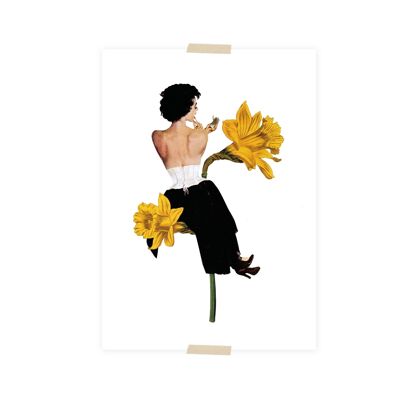 Postcard collage lady sitting on daffodils