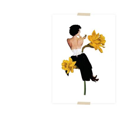 Postcard collage lady sitting on daffodils