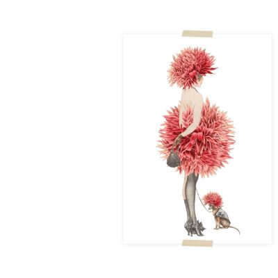 Postal collage dama y perro con vestido de crisantemo