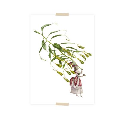 Postcard collage little lady and umbrella plant