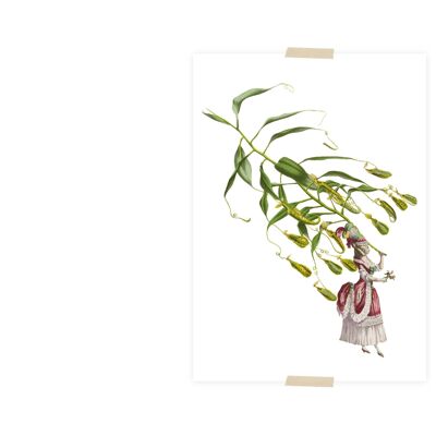 Cartolina collage piccola signora e pianta ombrello