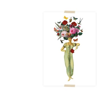 Postkartencollage kleine Dame Blumen