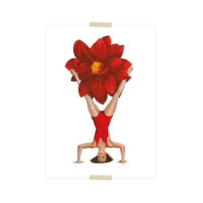Postal collage pequeña dama parada de manos con flor