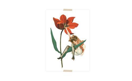 Postcard collage dametje hangend aan bloem