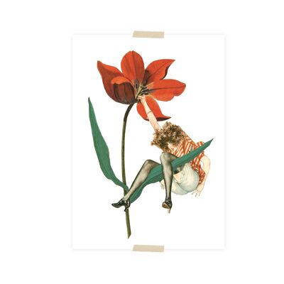Postcard collage little lady hanging on a flower