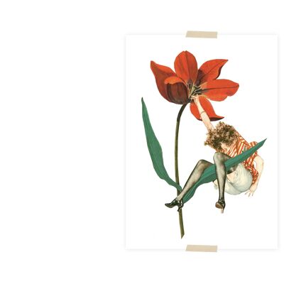 Collage de cartes postales petite dame accrochée à une fleur