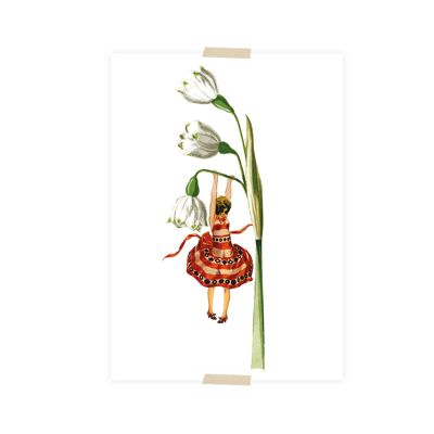 Postkartencollage kleine Dame, die an einer Schneeflocke hängt