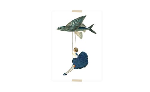 Postcard collage little lady hanging on flying fish