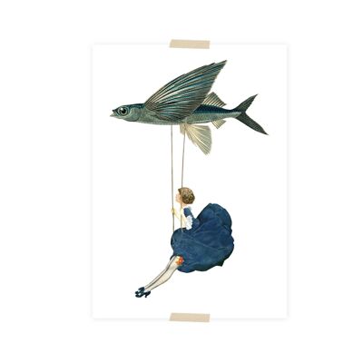 Postkartencollage kleine Dame, die an fliegenden Fischen hängt