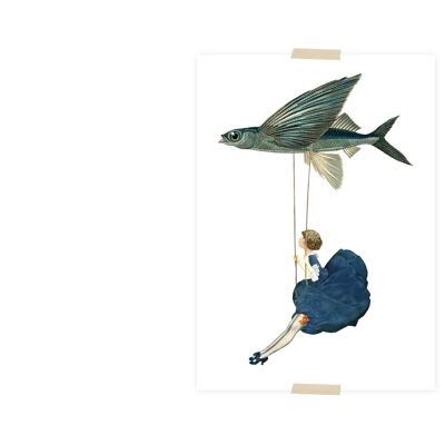 Postcard collage little lady hanging on flying fish