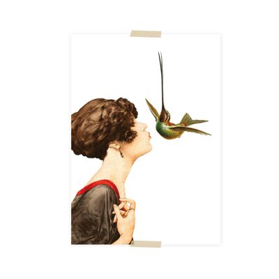 Collage de cartes postales petite dame embrasse colibri
