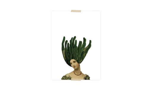 Postcard collage dametje met cactus op hoofd