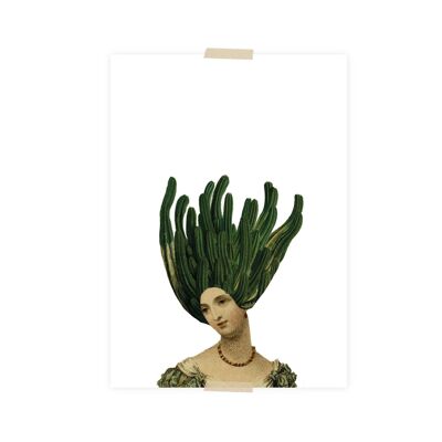 Postkarte Collage kleine Dame mit Kaktus auf dem Kopf