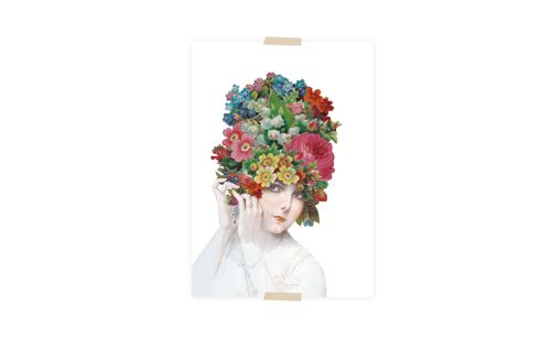 Postcard collage dametje met gekleurd bloemenhoofd